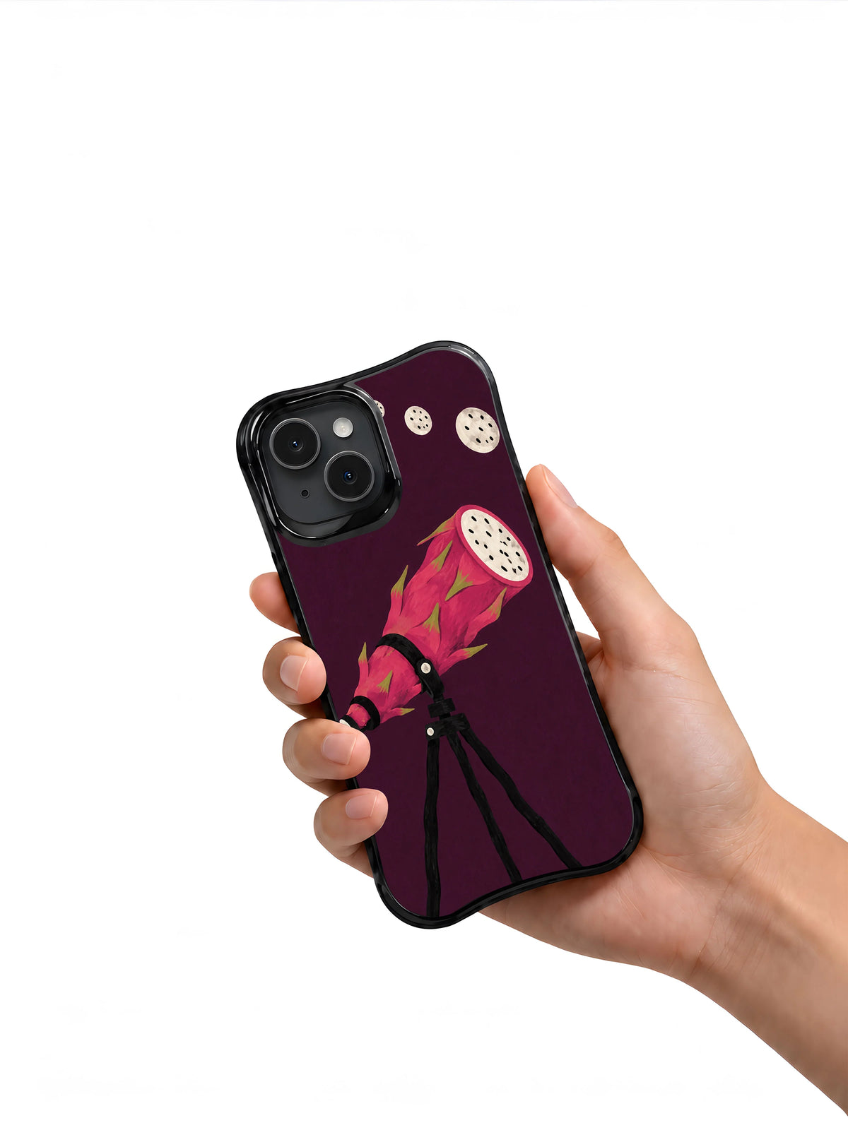 Dragon Fruit Telescope black iPhone case held in hand