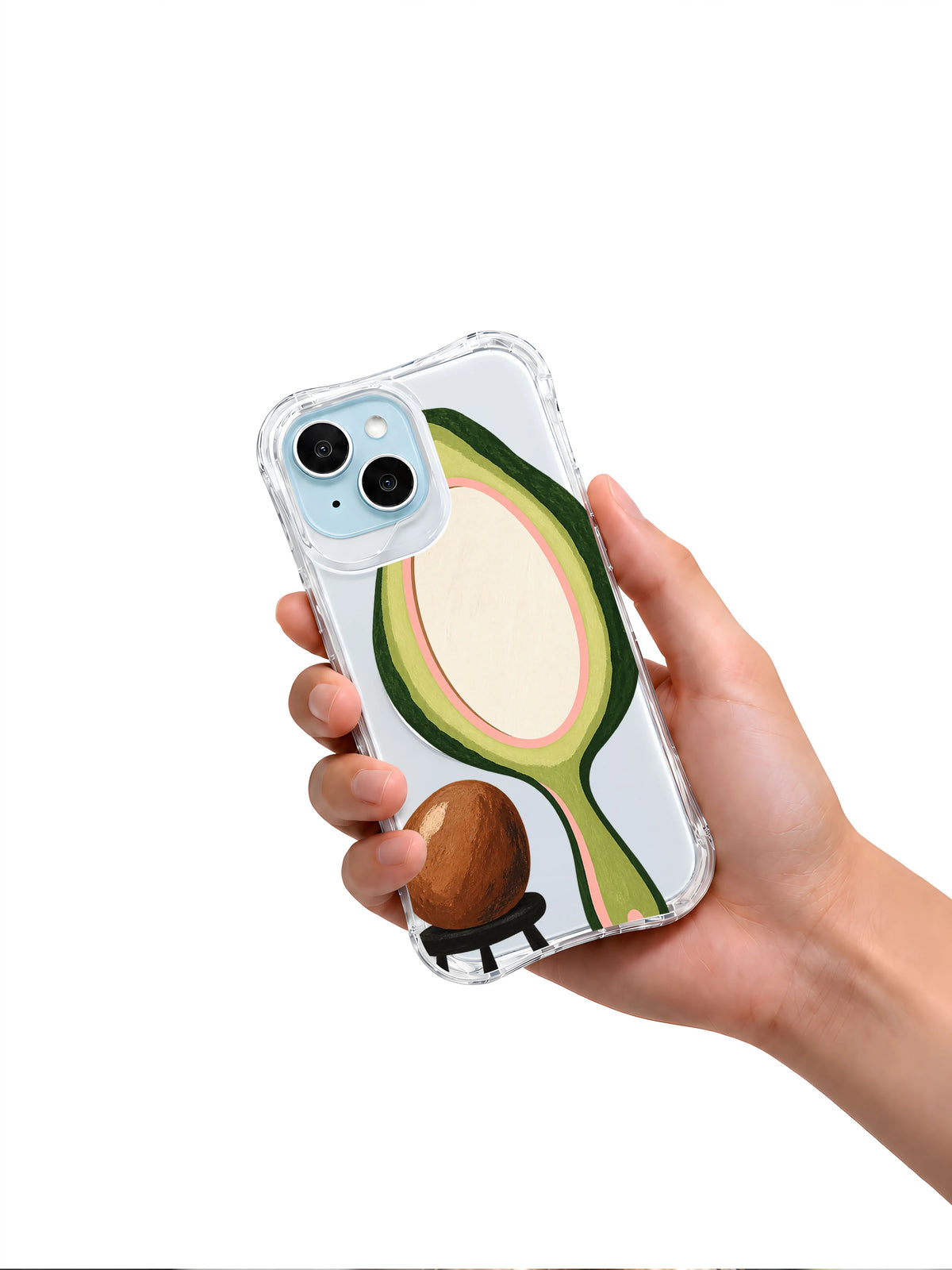 Avocado Mirror Pause transparent iPhone case held in hand