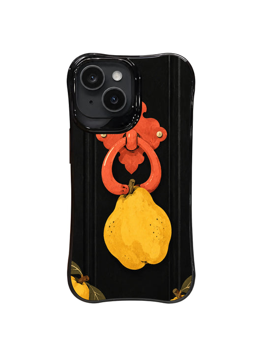 Golden quince door knocker artwork on a black iPhone case by Tessa Quill