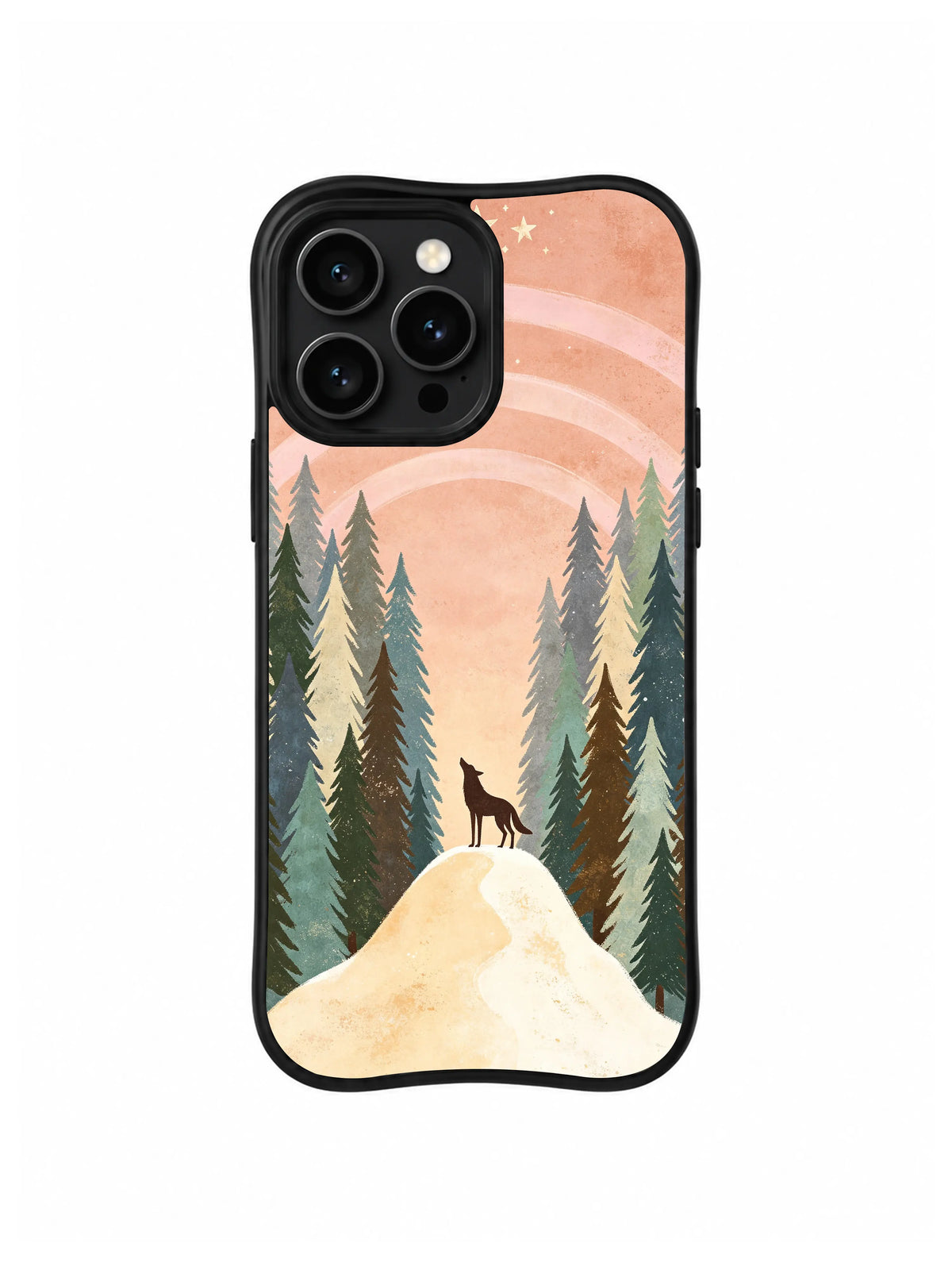 Echoing Wolf Valley / Golden Ridge Echo: A wolf atop a rounded pale summit, surrounded by narrow trees and several peach arcs.