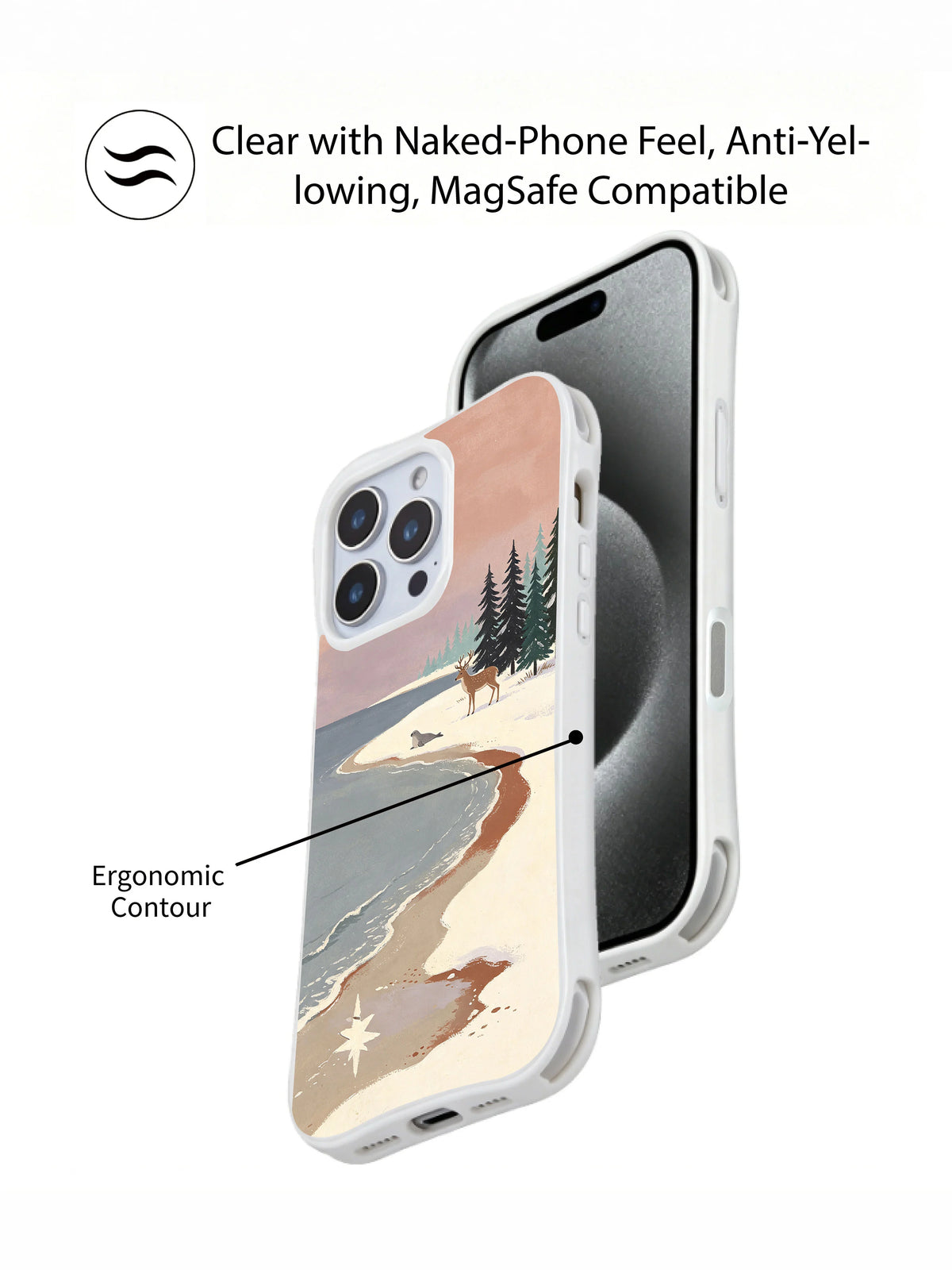 Snow Coast Star: Üst üste gösterilen telefon ön görünümü ve desenli kılıf arkası.