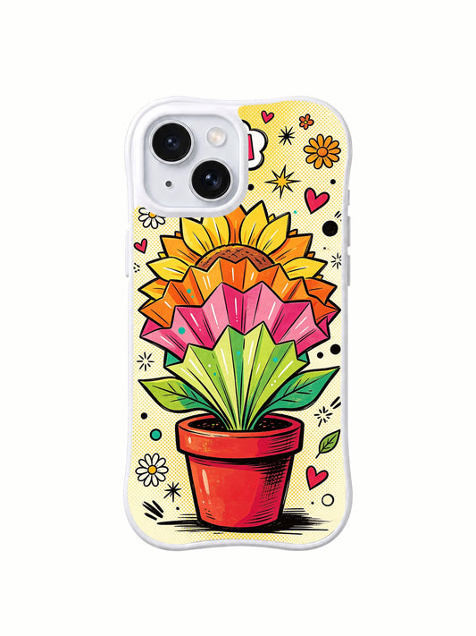 Bloom Burst Parade: A tall layered yellow, orange, pink and green flower above a red pot.