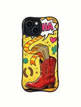 Golden Trail Boot: A broad curling ribbon and folded fan above a red boot, with a pink heart at the upper right.