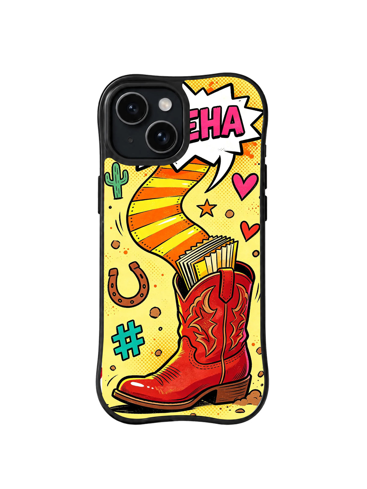 Golden Trail Boot / Desert Heart Boot: A tall S-shaped ribbon rises above a small folded fan, beside hearts and cacti.