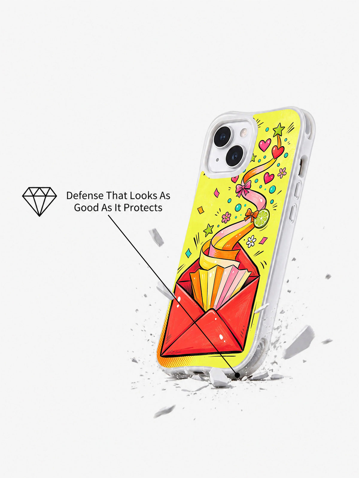 Love Letter Lift-Off: Angled case above an illustrated broken surface.