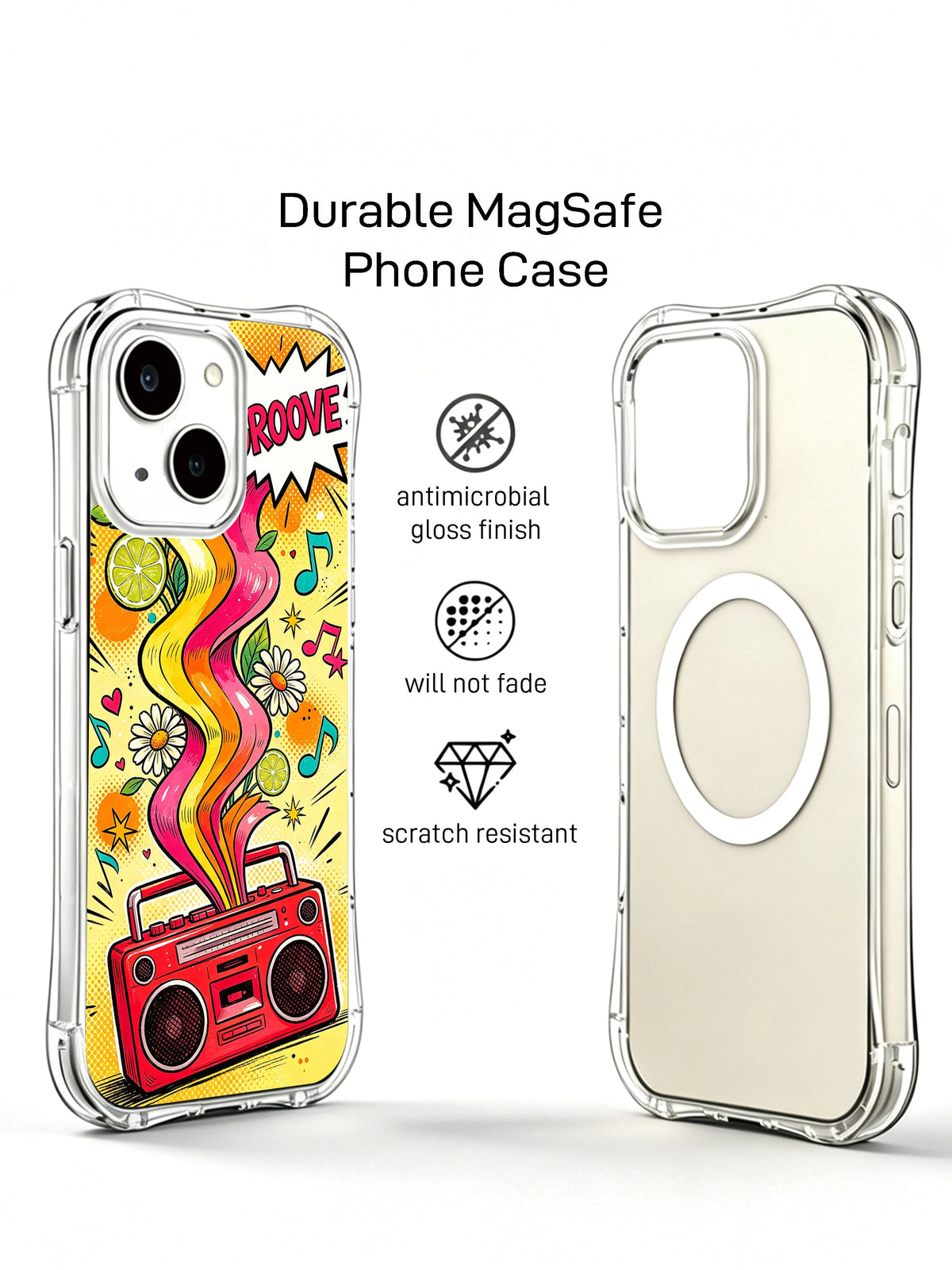 Daisy Groove Speaker: Printed rear view beside a case interior with a circular ring.