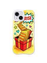 Rise From the Box / Rise Comic Gift: Turkuaz kenarlı çizgi roman patlamasının altında kırmızı kutudan yükselen sık katlı paneller.