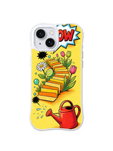 Garden Path in Motion / Daisy Stair Garden: Wide lower steps narrow toward the top, surrounded by daisies and tulips above a large watering can.