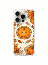 Thanksgiving Market Day: A smiling round pie encircled by fine leaves, with pumpkins on fringed cloth near the lower edge.