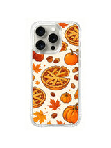 Thanksgiving Market Day / Harvest Pie Scatter: Lattice pies with cut wedges among orange pumpkins, apples, acorns and maple leaves.