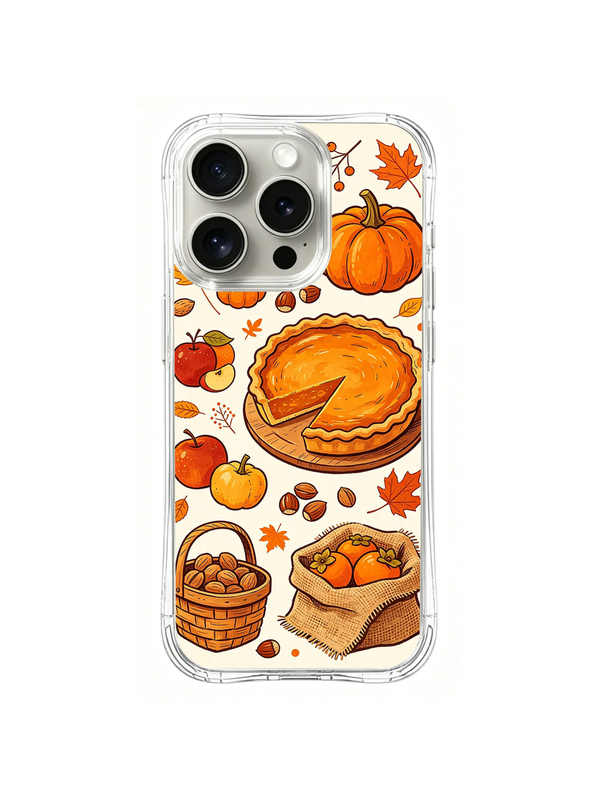 Thanksgiving Market Day / Market Basket Feast: A large sliced pie above a handled basket of small brown shapes and a sack of orange fruit.