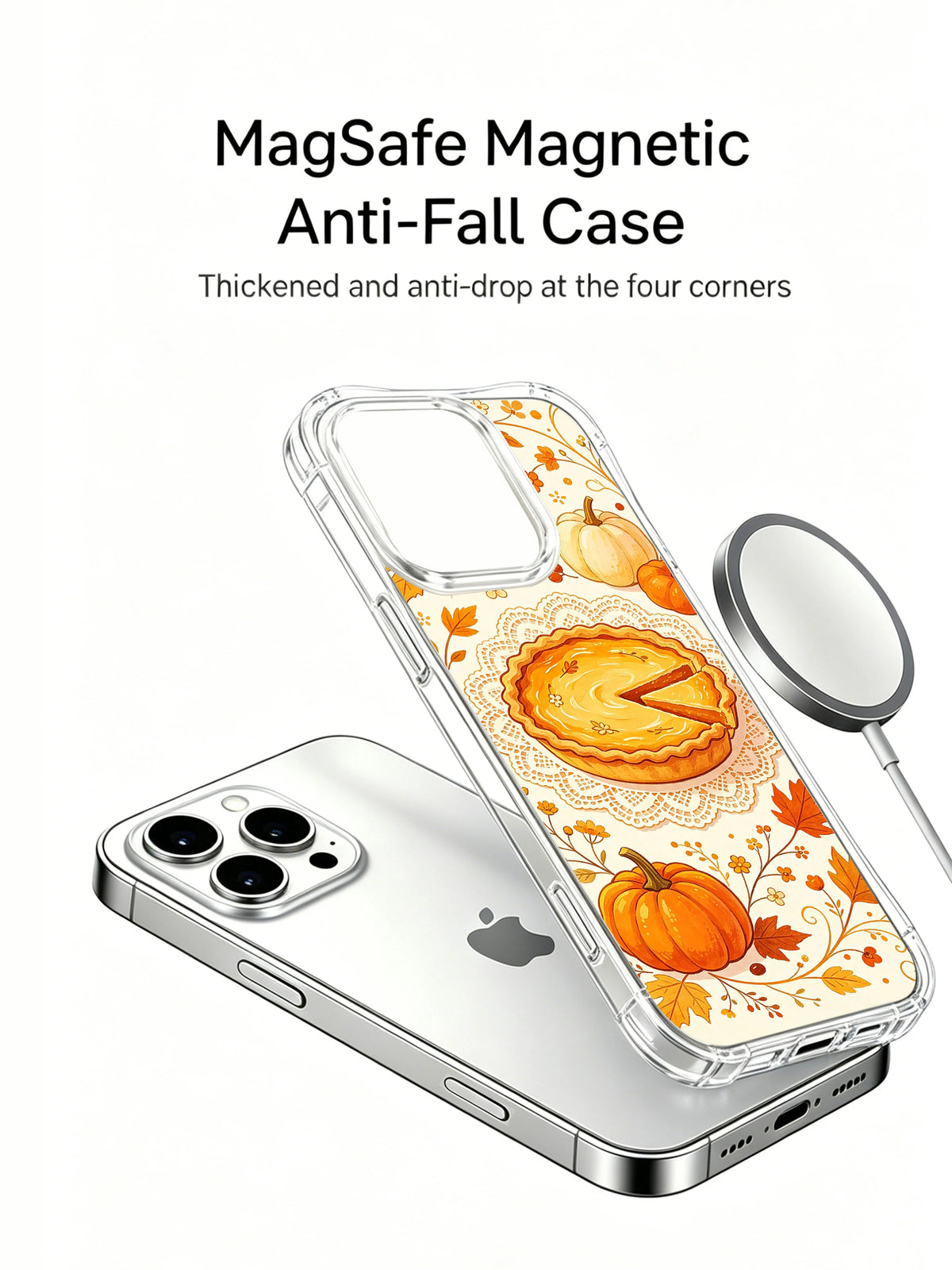 Harvest Lace Pumpkin: Illustrated case shown separately above a phone, beside a circular charging puck.
