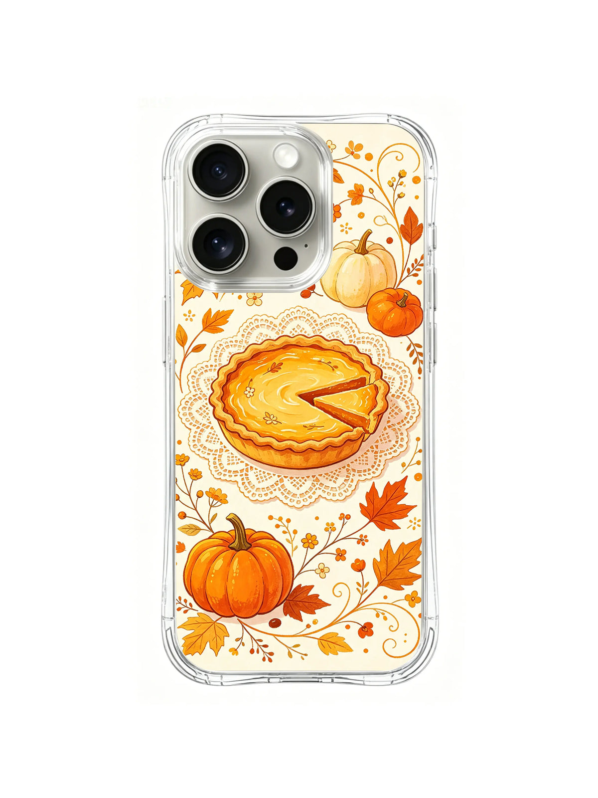 Harvest Lace Pumpkin / Golden Lace Harvest: A golden round pie on a lace-like doily, with pale and orange pumpkins among curling stems.