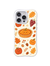 Cozy Hearth Harvest: A small smiling pie with simple apple and pear faces, grapes and rounded autumn leaves.