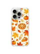Maple Pumpkin Charm / Autumn Charm Collage: Small round pies, triangular slices and pumpkins are scattered between large golden leaves.