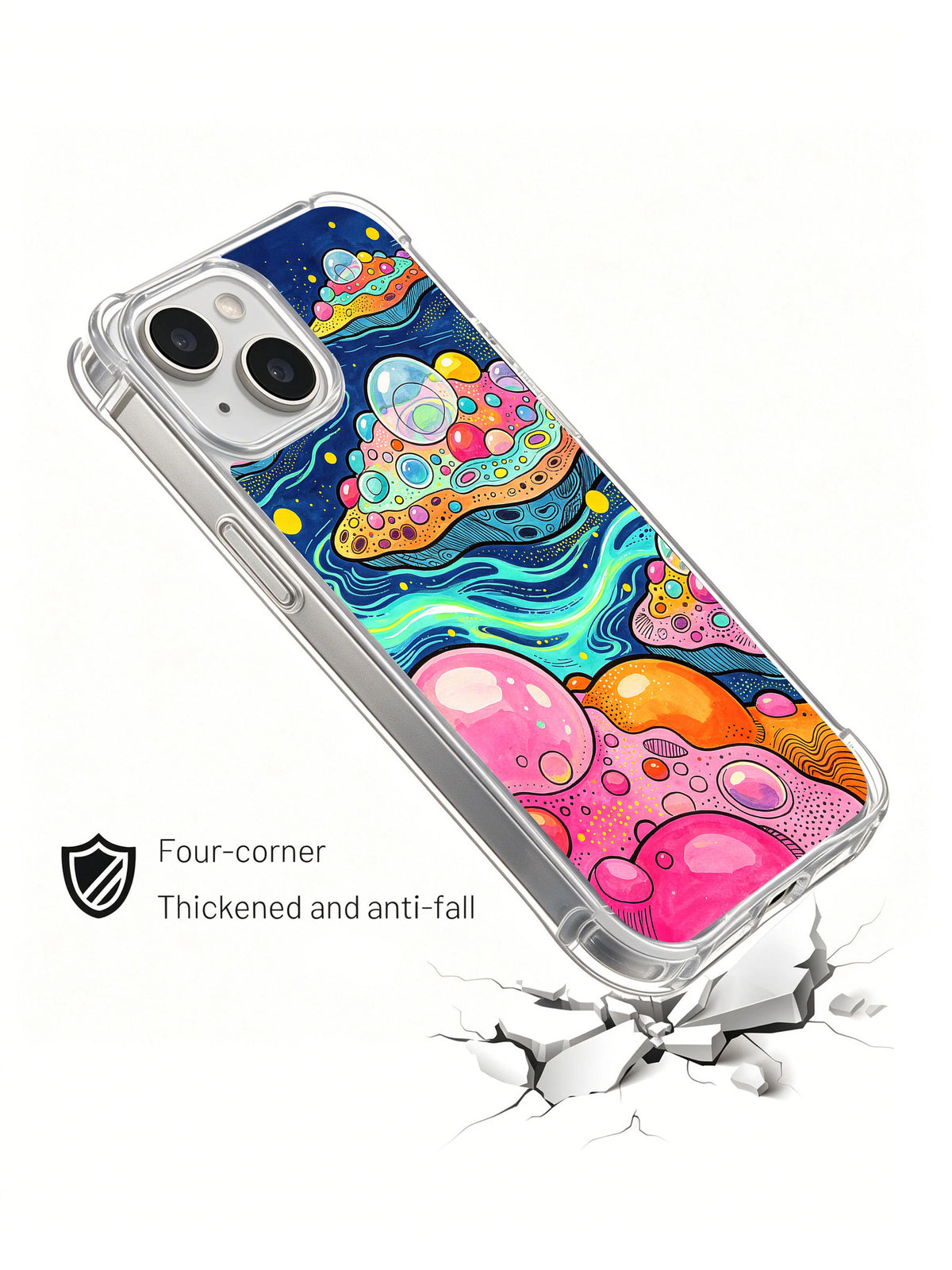Cosmic Bubble Garden abstract iPhone 15 case lifestyle view