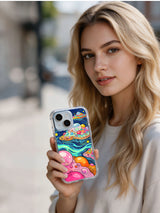 Cosmic Bubble Garden abstract iPhone 15 case in hand