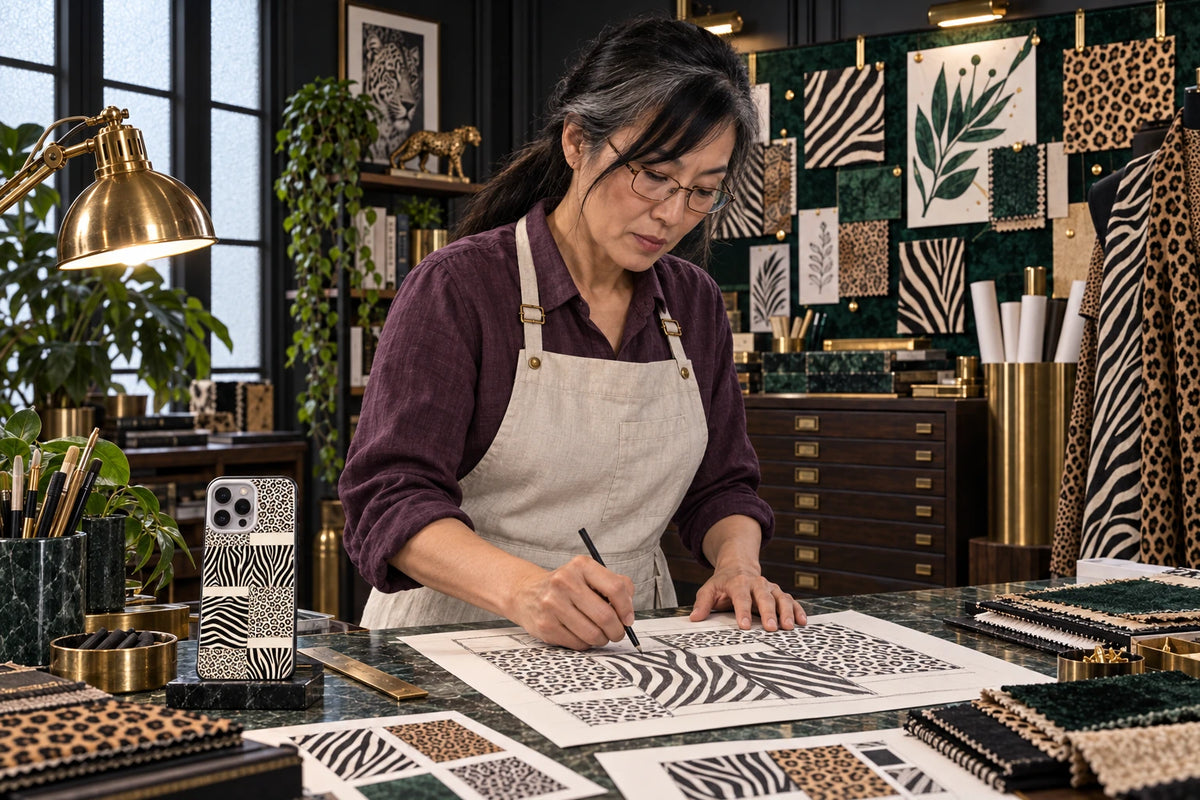 AI visualization of Aurelia Wilden creating phone-case illustrations in a distinctive studio