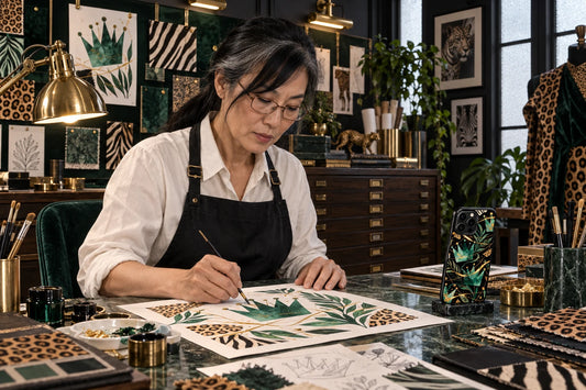 AI visualization of Aurelia Wilden creating phone-case illustrations, with a finished iPhone 15 Pro Max case displayed on a studio stand