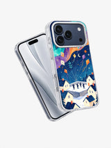 Angled front and back view of the Aurora Kites Over the Village phone case