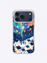 Aurora crescent kites rising above a snowy village on an iPhone 17 Pro Max case