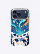 Midnight teal kite river with geometric stars above a winter village phone case