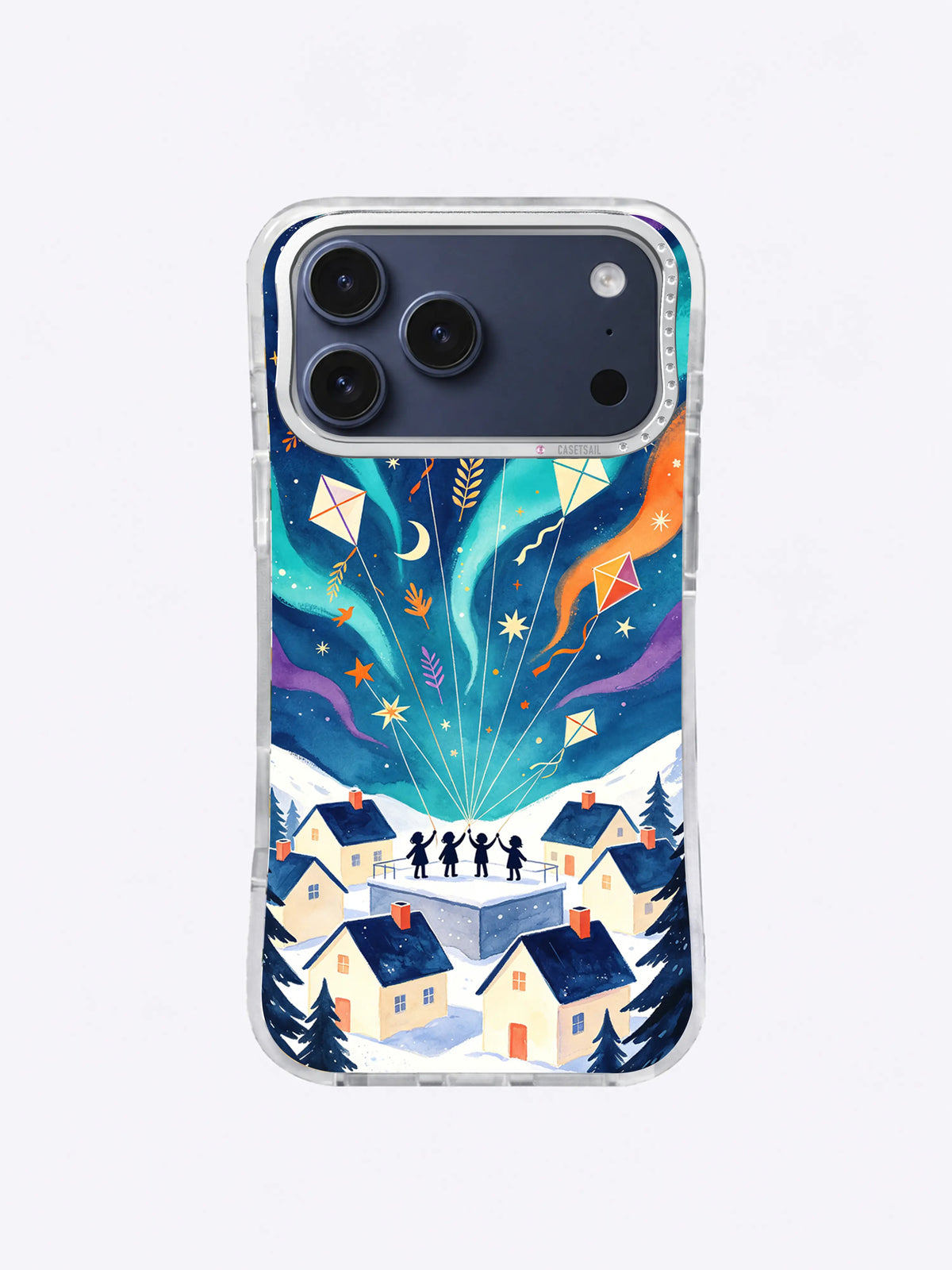 Midnight teal kite river with geometric stars above a winter village phone case