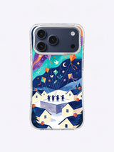 Colorful aurora ribbons and village kite festival on an iPhone 17 Pro Max case