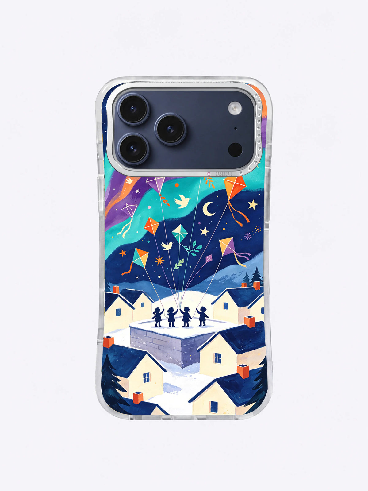 Colorful aurora ribbons and village kite festival on an iPhone 17 Pro Max case