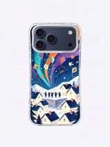 Fan of geometric kites crossing a violet aurora above snowy houses phone case