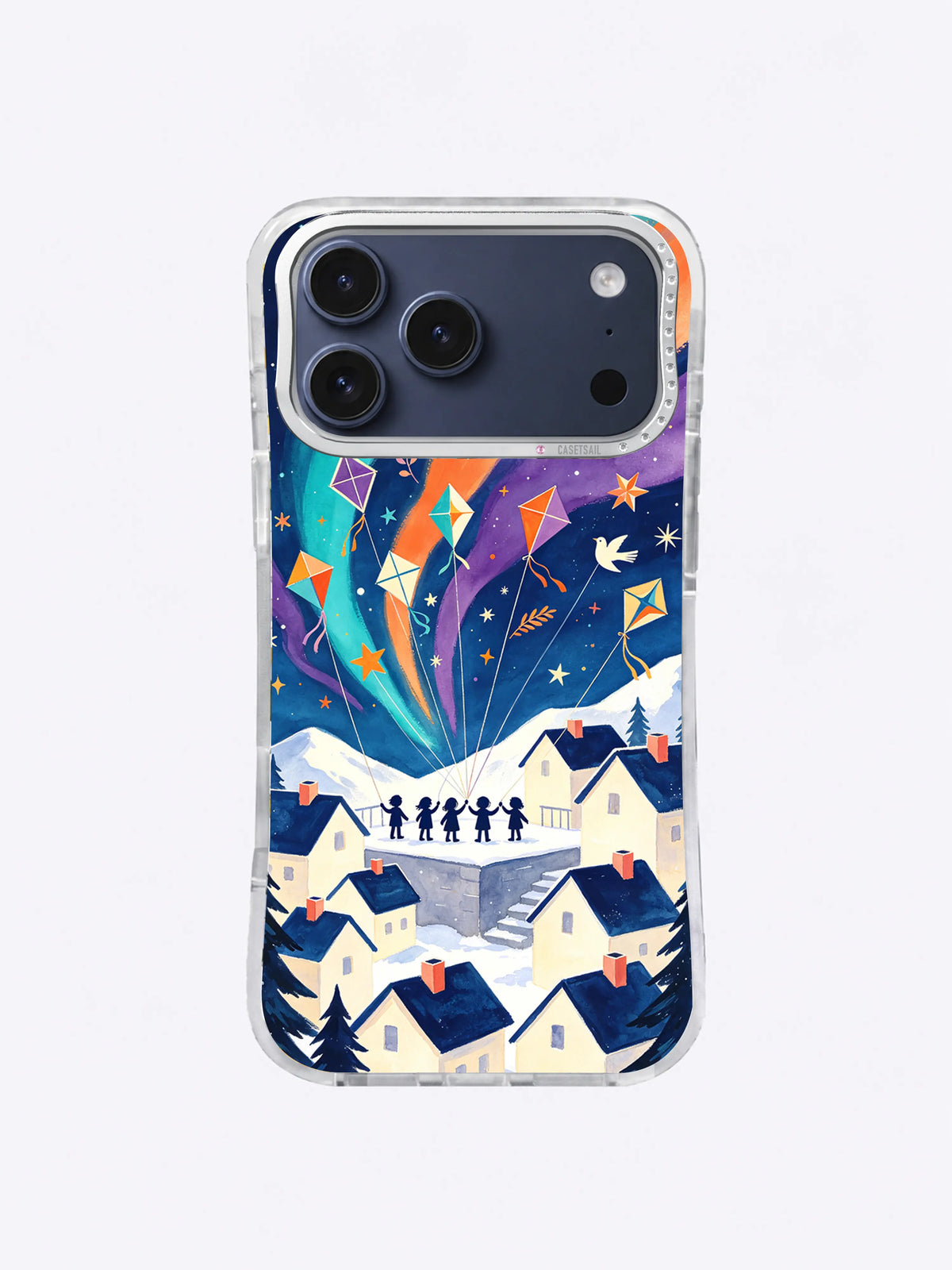 Fan of geometric kites crossing a violet aurora above snowy houses phone case