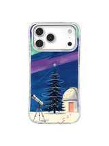 Aurora Observatory Tree pattern with silver orbital fir, violet aurora, telescope and coral observatory on iPhone 17 Pro case