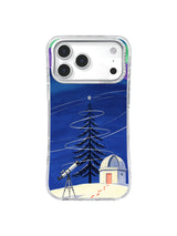 Cobalt winter observatory pattern with silver-ringed tree, telescope and single star on iPhone 17 Pro case