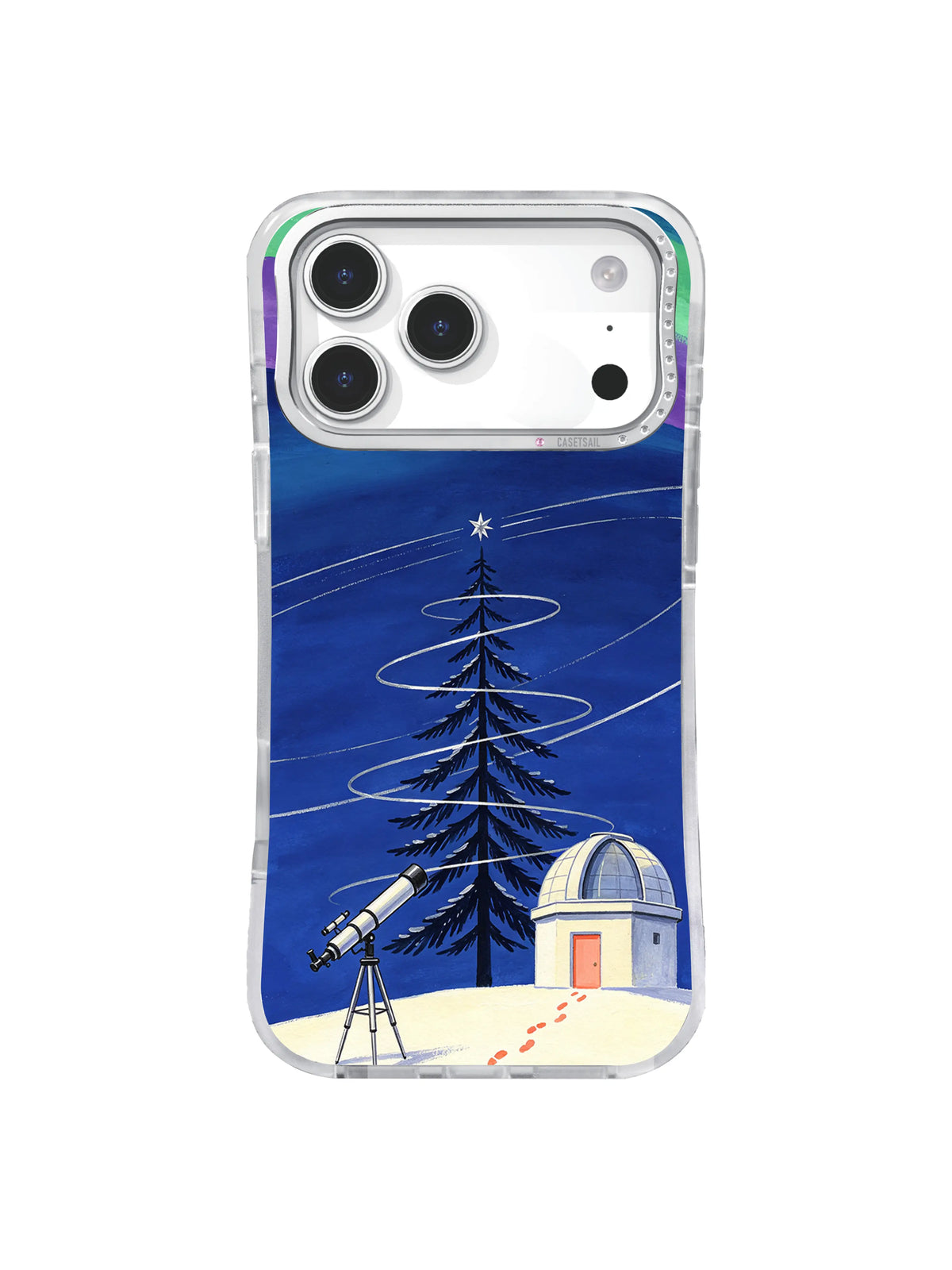 Cobalt winter observatory pattern with silver-ringed tree, telescope and single star on iPhone 17 Pro case
