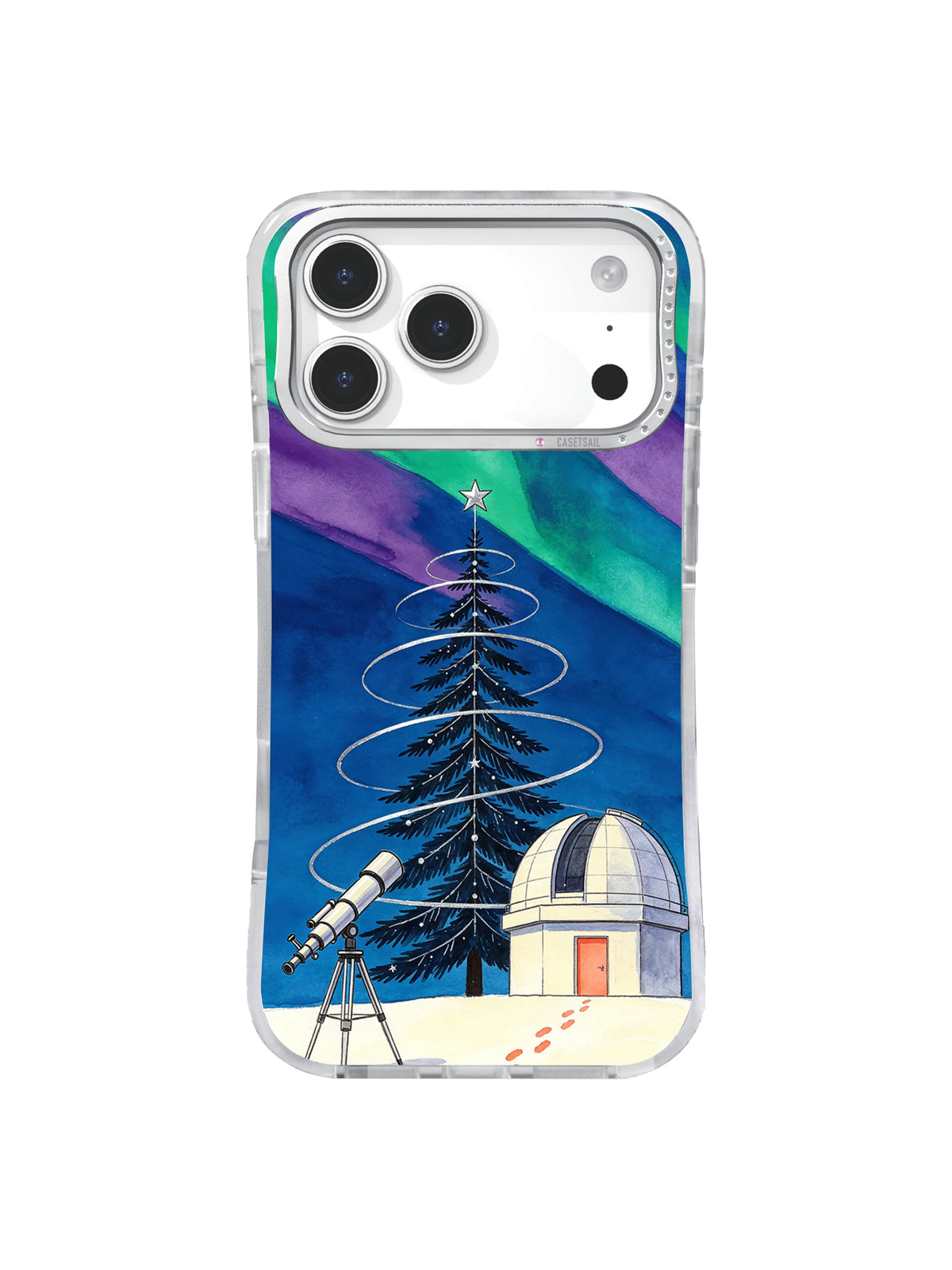 Emerald and violet aurora observatory pattern with orbital winter tree and telescope on iPhone 17 Pro case