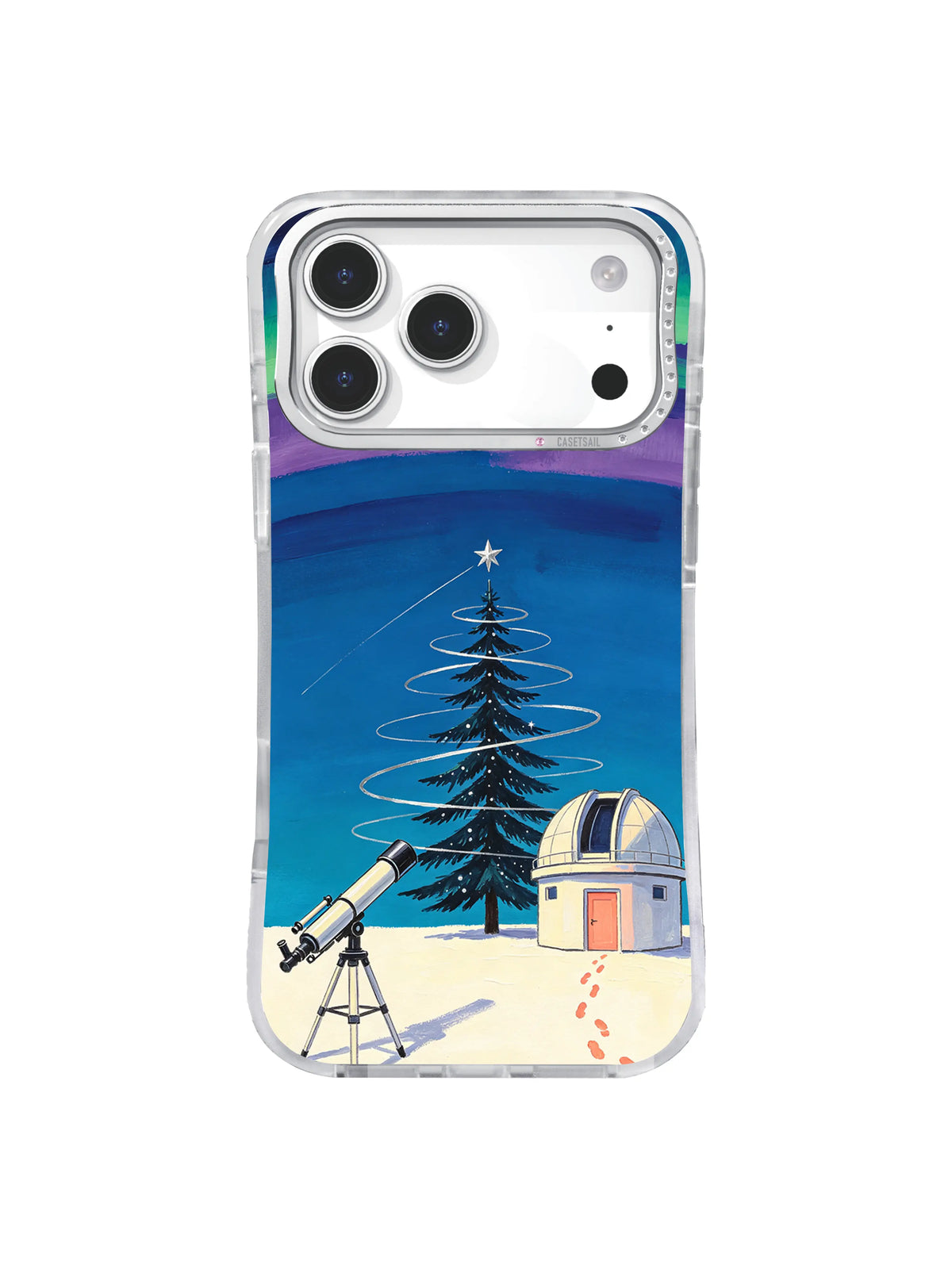 Deep blue star-track tree pattern with coral footprints, telescope and observatory dome on iPhone 17 Pro case