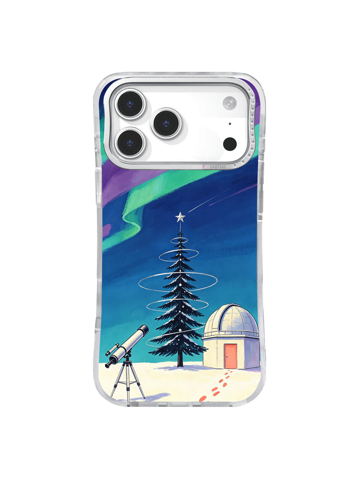 Emerald aurora discovery pattern with silver orbital tree and small observatory on iPhone 17 Pro case