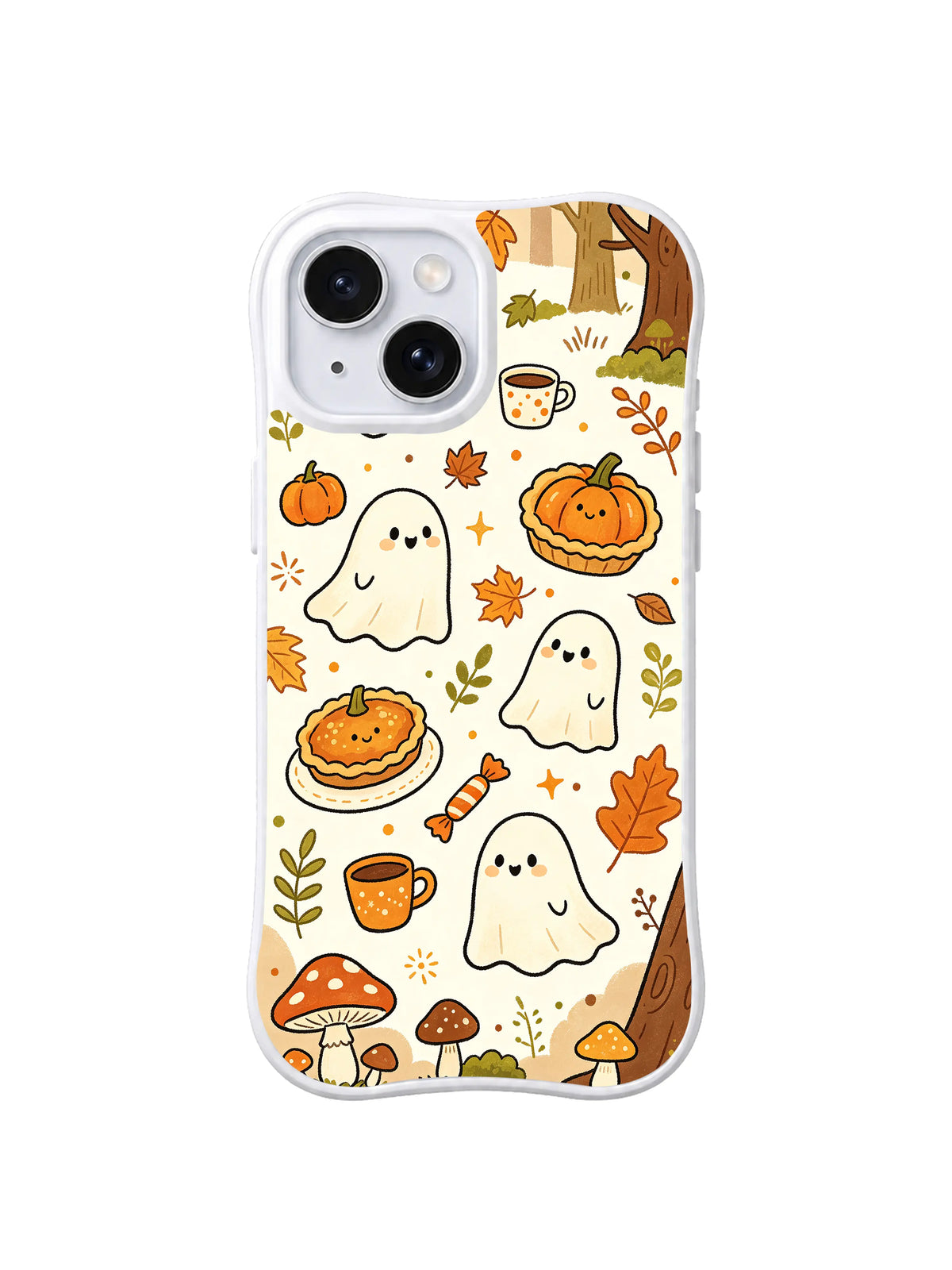 Autumn Ghost Pie Club pattern on a white iPhone 14 case