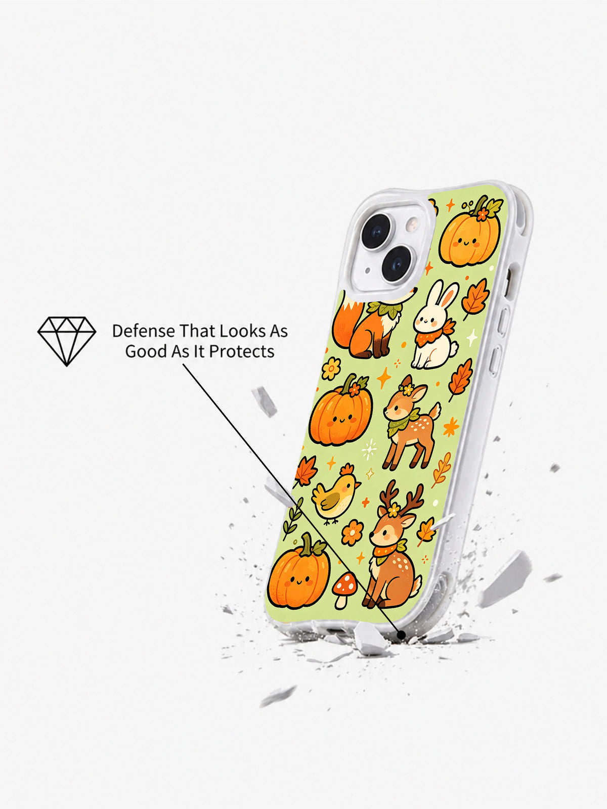 Autumn Magic Animal Friends iPhone 14 case shown in a drop demonstration