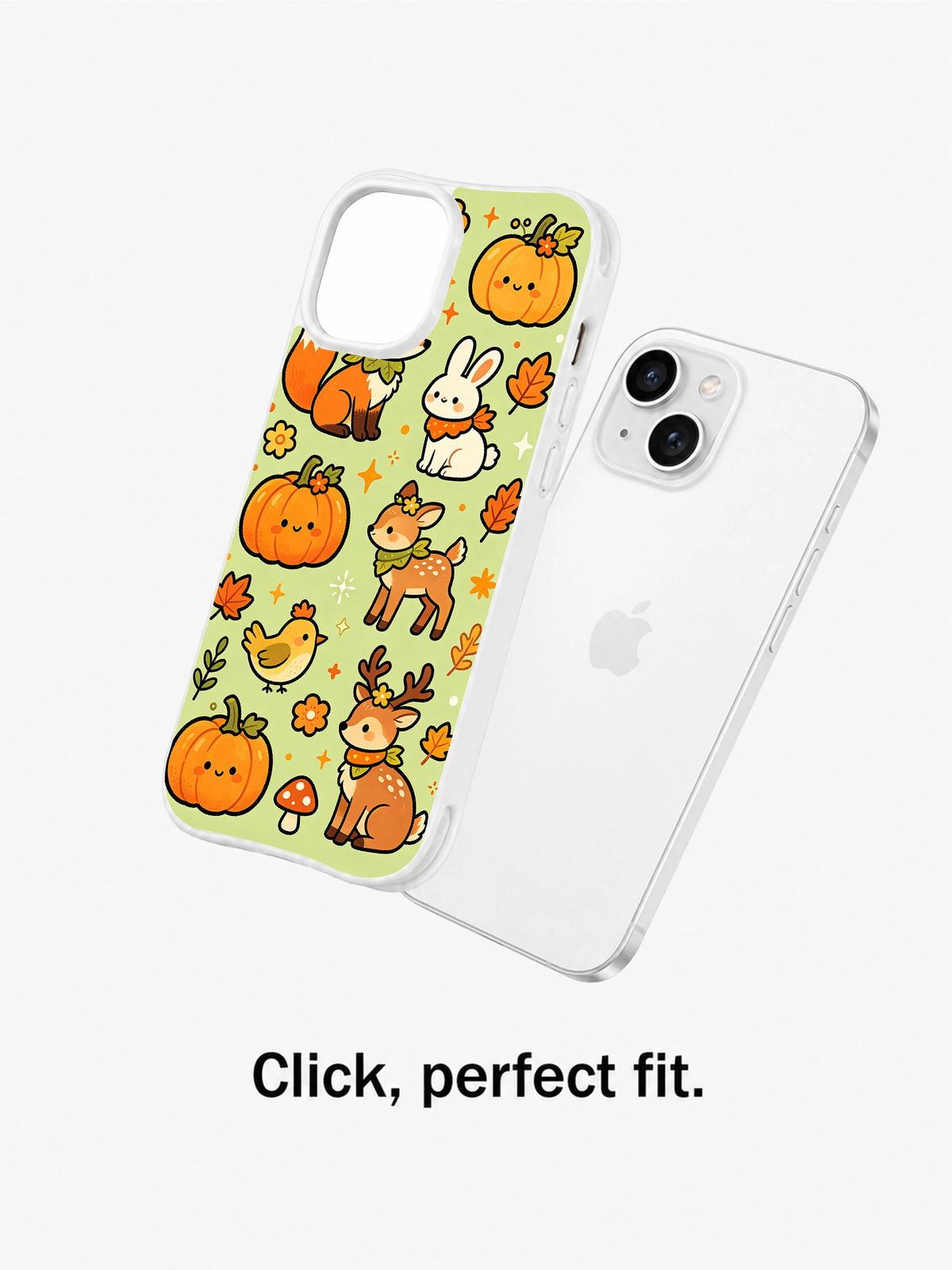 Autumn Magic Animal Friends iPhone 14 case shown beside the phone for fit