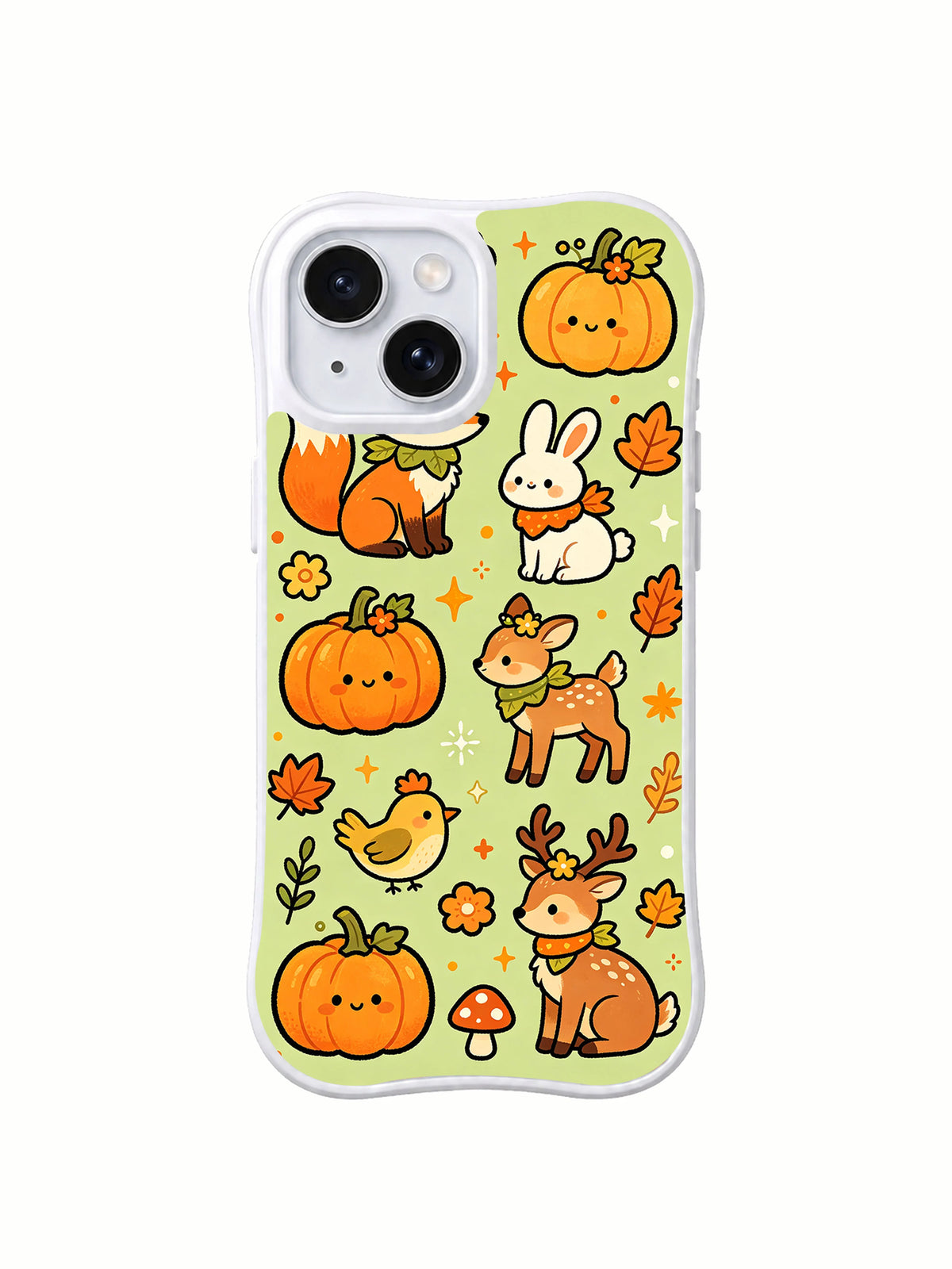 Autumn Magic Animal Friends iPhone 14 case front view with fox rabbit deer pumpkins and leaves