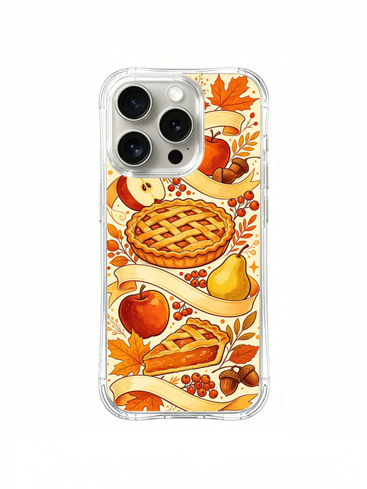 Autumn Ribbon Harvest: Cream ribbon banners winding between a lattice pie, a pie slice, apples, pear and autumn foliage.