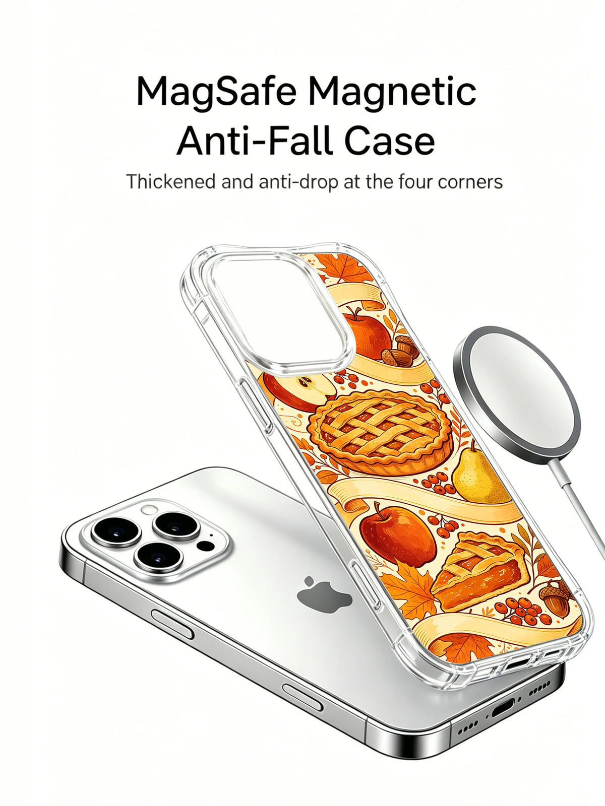 Autumn Ribbon Harvest: Illustrated case shown separately above a phone, beside a circular charging puck.