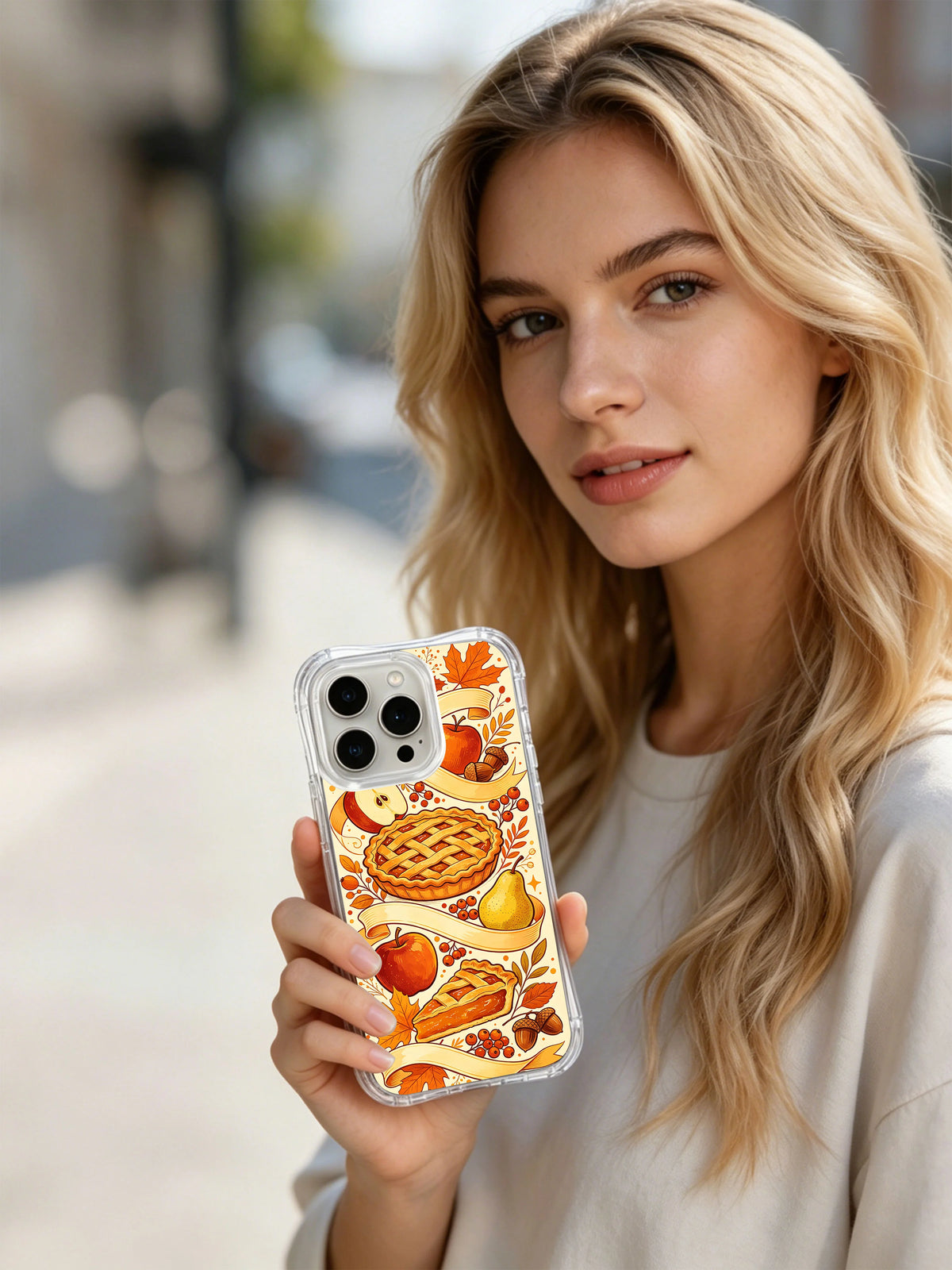 Autumn Ribbon Harvest: A person holding the illustrated case outdoors.