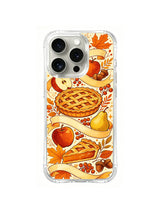 Autumn Ribbon Harvest / Ribboned Harvest Table: Cream ribbon banners winding between a lattice pie, a pie slice, apples, pear and autumn foliage.