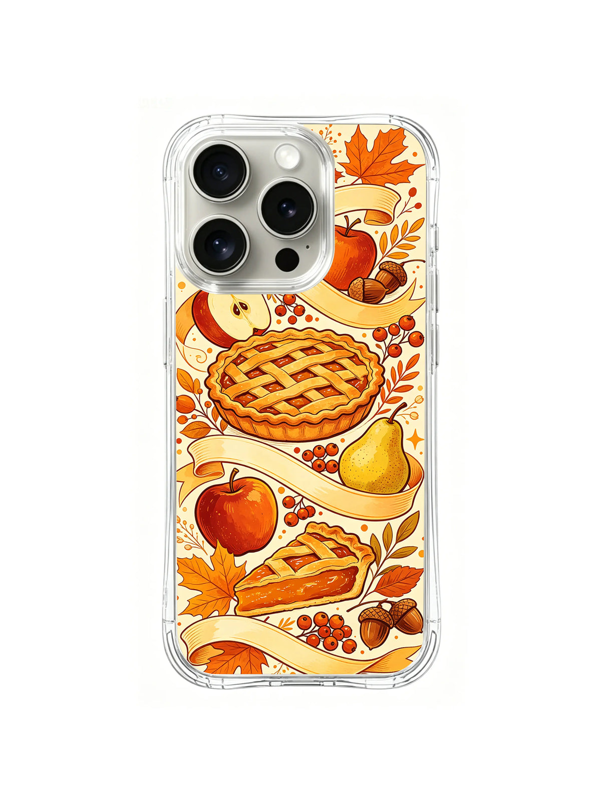 Autumn Ribbon Harvest / Ribboned Harvest Table: Cream ribbon banners winding between a lattice pie, a pie slice, apples, pear and autumn foliage.