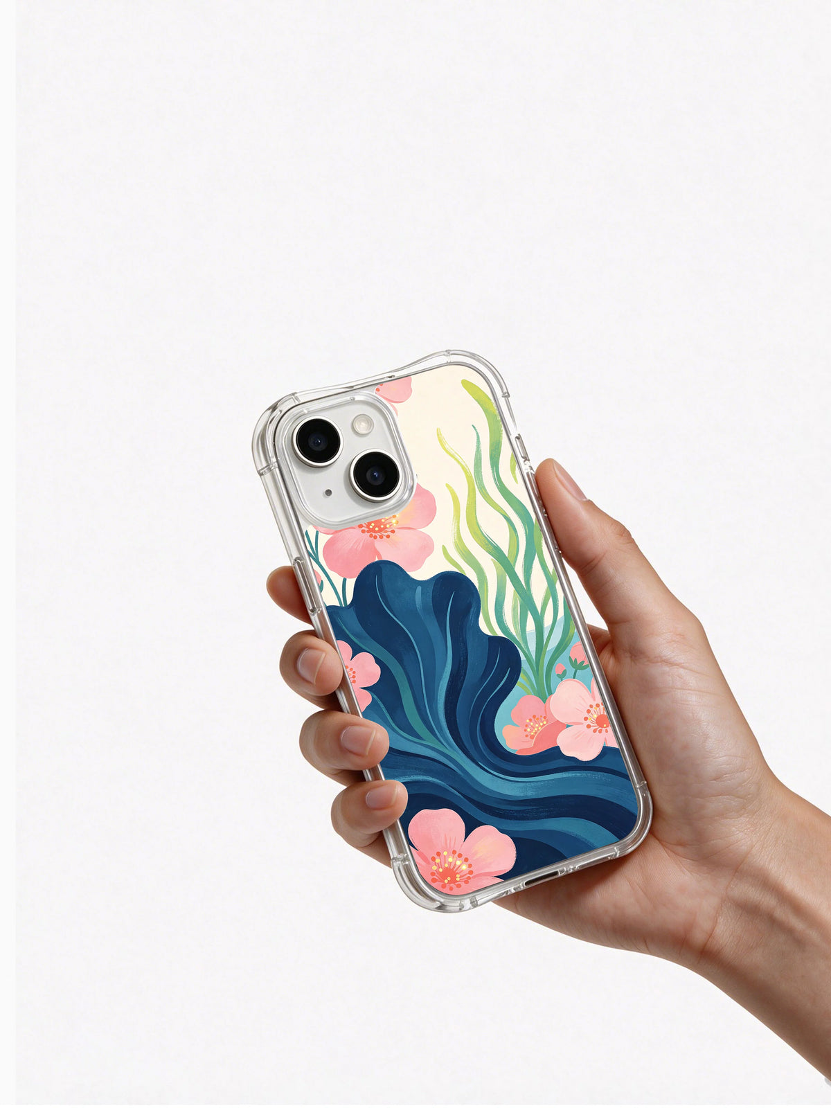 Blue Ocean Meadow iPhone 14 case in hand