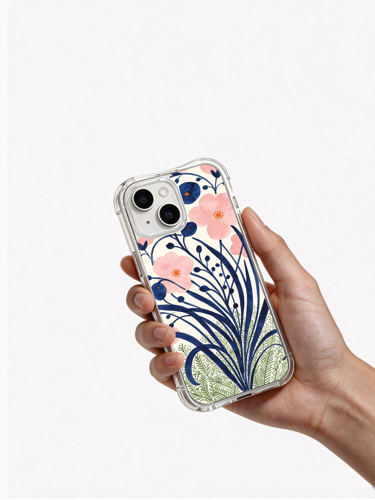 Midnight Blossom Sanctuary iPhone 14 case in hand