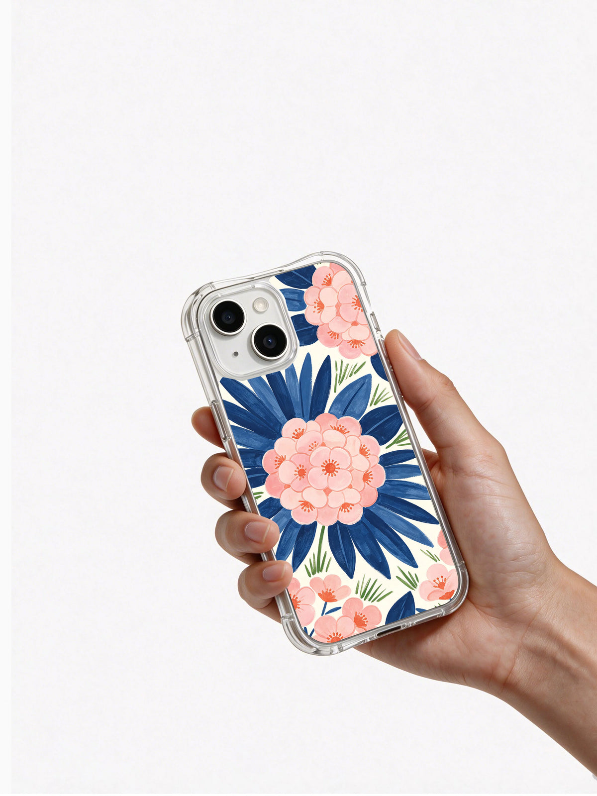 Coastal Blue Bloom Garden iPhone 14 case in hand