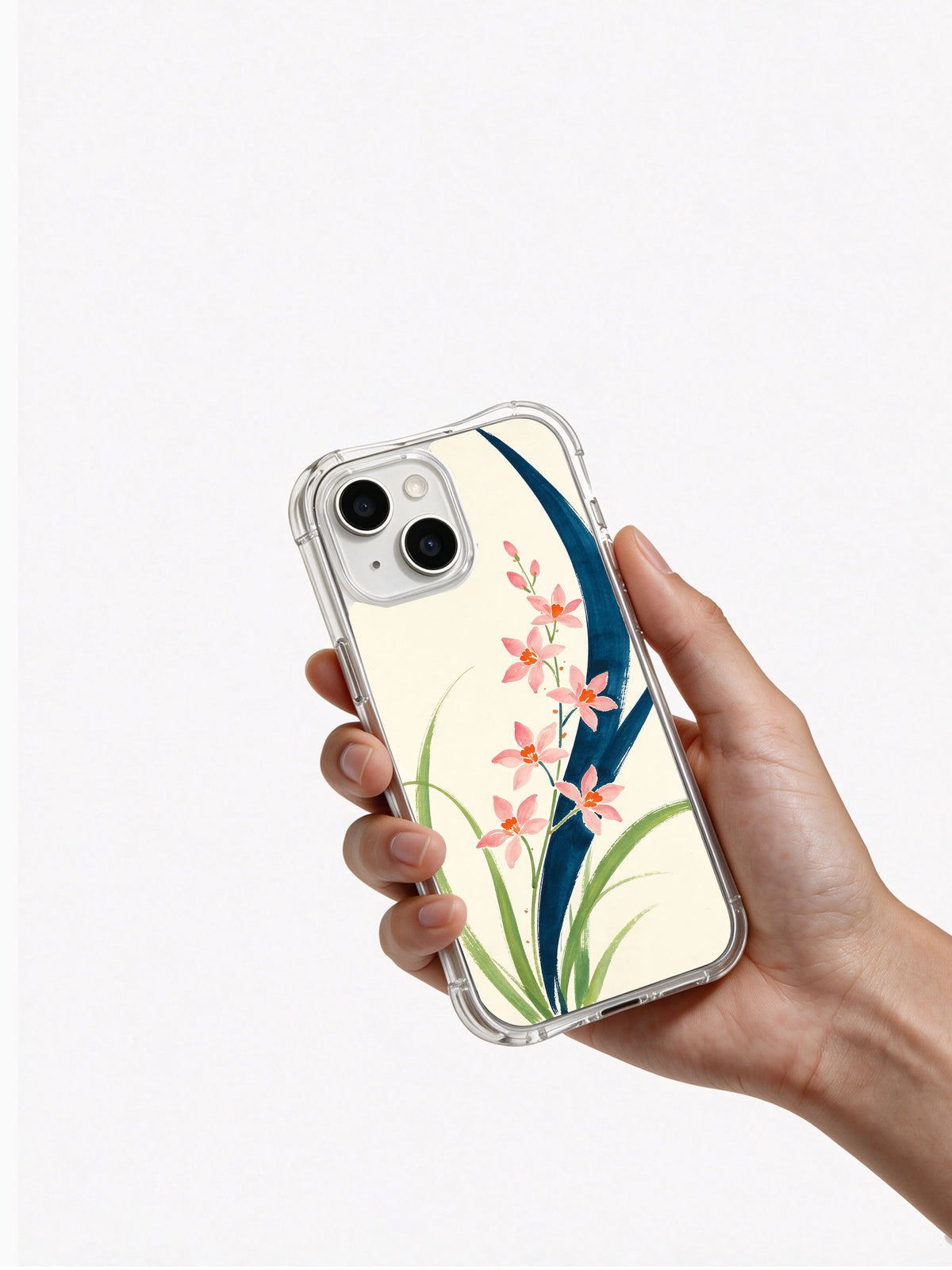 Pink Blossom River iPhone 14 case in hand